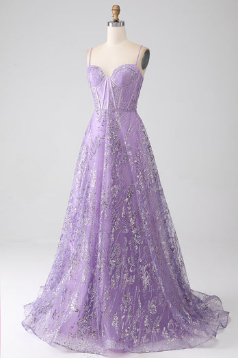 A-Line Spaghetti Straps Lilac Corset Prom Dress with Sequins