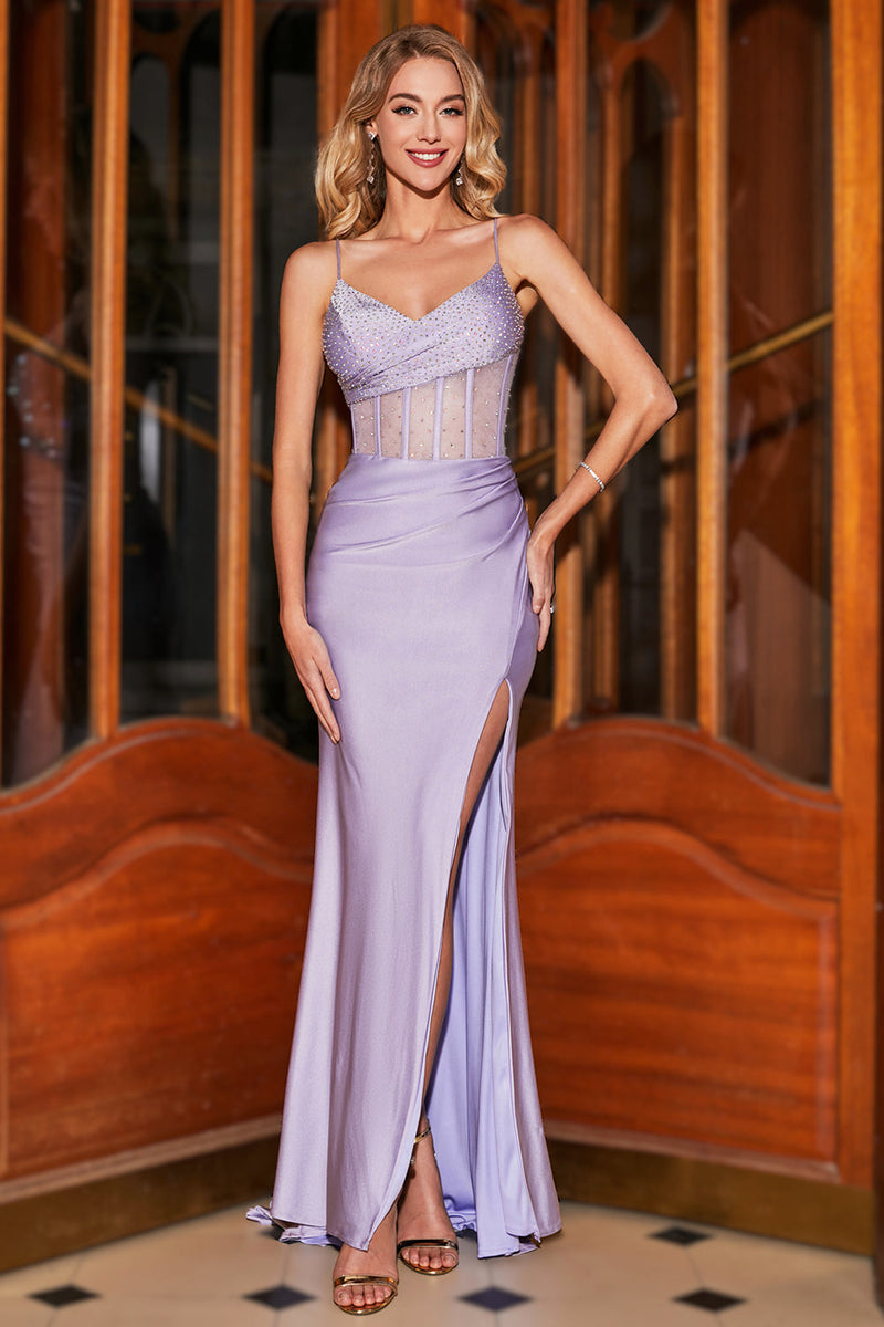 Load image into Gallery viewer, Trendy Mermaid Spaghetti Straps Lilac Corset Prom Dress with Split Front