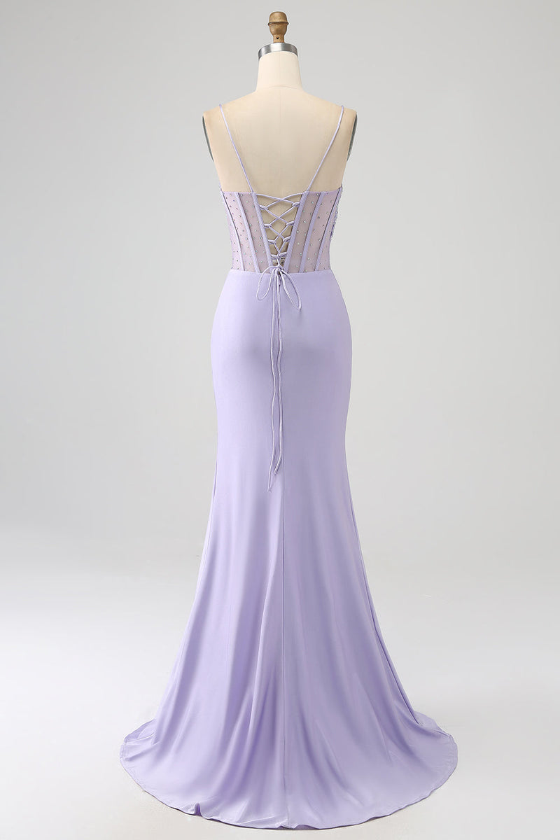 Load image into Gallery viewer, Glitter Lilac Corset Mermaid Long Prom Dress with Slit