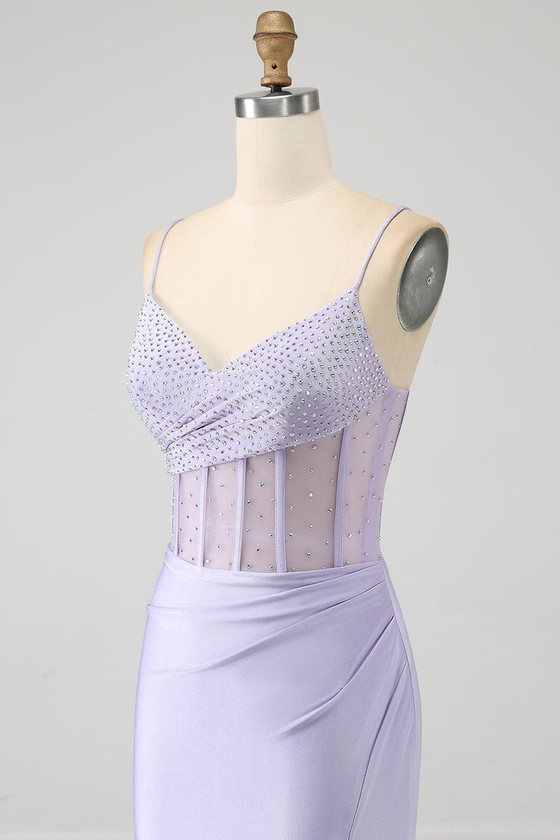 Load image into Gallery viewer, Glitter Lilac Corset Mermaid Long Prom Dress with Slit