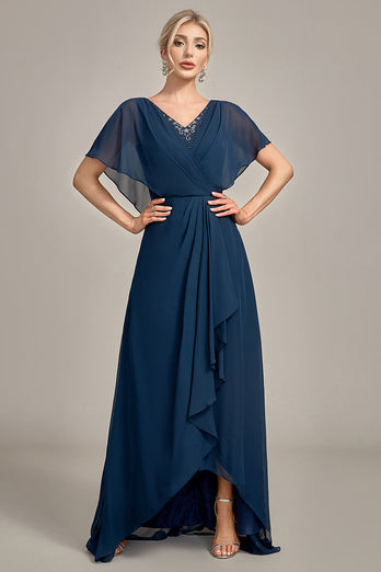 Navy A-Line Asymmetrical Sequins Mother of the Bride Dress With Beading