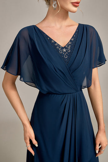 Navy A-Line Asymmetrical Sequins Mother of the Bride Dress With Beading