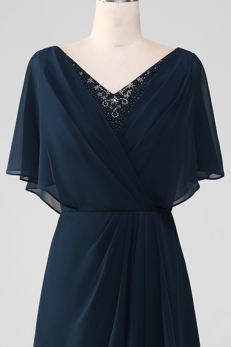 Load image into Gallery viewer, Navy A-Line V-Neck Asymmetrical Sequins Mother of the Bride Dress With Beading