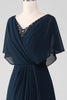 Load image into Gallery viewer, Navy A-Line V-Neck Asymmetrical Sequins Mother of the Bride Dress With Beading