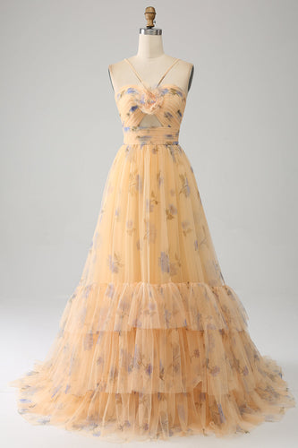 Yellow A-Line Halter Pleated Tulle Tiered Prom Dress With Embroidery