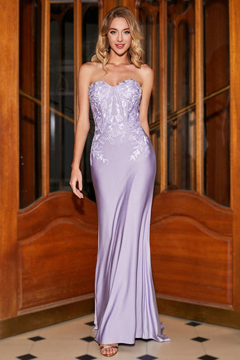 Stylish Mermaid Sweetheart Lilac Corset Prom Dress with Lace Appliques