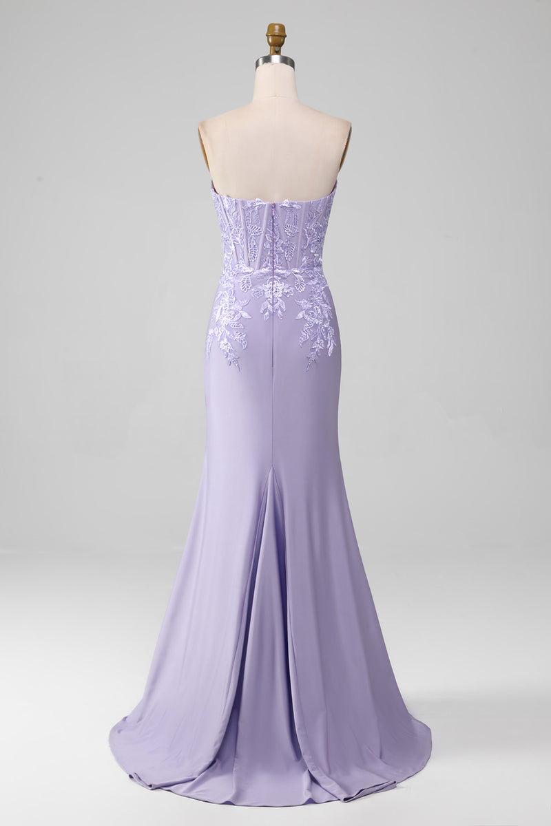 Load image into Gallery viewer, Lilac Sheath Strapless Corset Prom Dresses With Lace Appliques