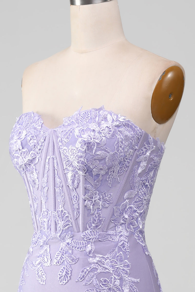 Load image into Gallery viewer, Lilac Sheath Strapless Corset Prom Dresses With Lace Appliques