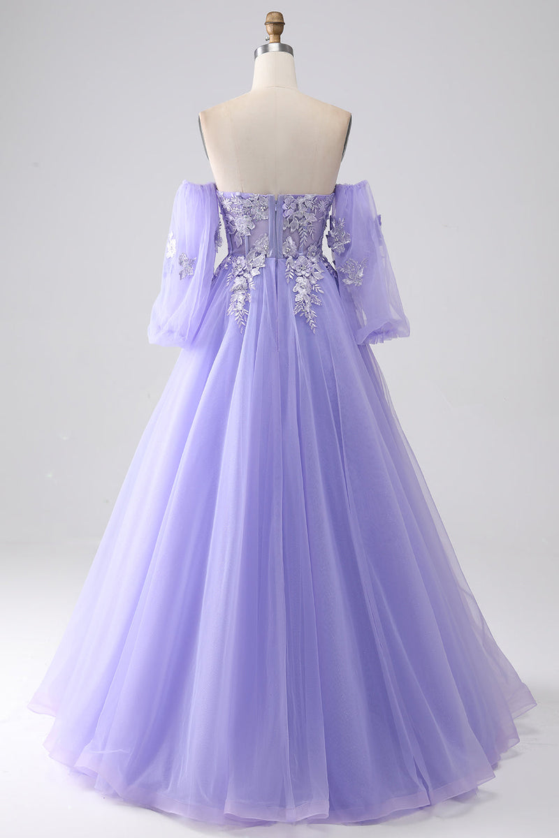 Load image into Gallery viewer, Lavender A-Line Strapless Tulle Long Prom Dress with Sleeves