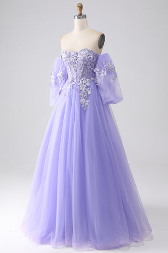 Lavender A-Line Strapless Tulle Long Prom Dress with Sleeves