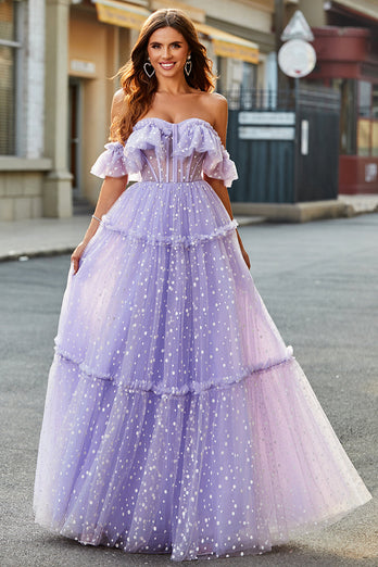 Off The Shoulder Lilac Corset A-Line Long Prom Dress