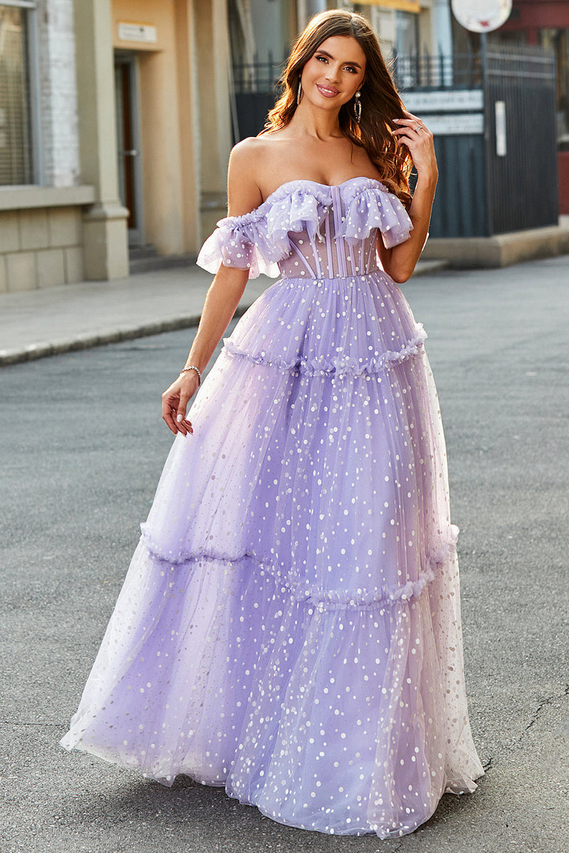 Load image into Gallery viewer, Off The Shoulder Lilac Corset A-Line Long Prom Dress