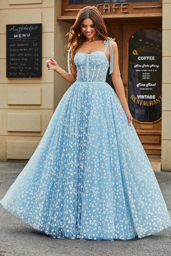 Spaghetti Straps Sky Blue A-Line Corset Prom Dress with Florals