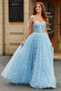 Load image into Gallery viewer, Spaghetti Straps Sky Blue A-Line Corset Prom Dress with Florals