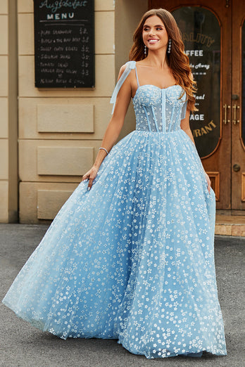 Spaghetti Straps Sky Blue A-Line Corset Prom Dress with Florals