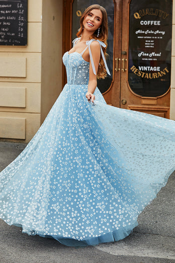 Spaghetti Straps Sky Blue A-Line Corset Prom Dress with Florals