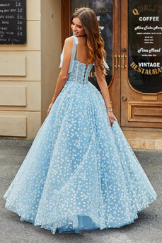 Spaghetti Straps Sky Blue A-Line Corset Prom Dress with Florals