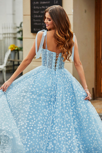 Spaghetti Straps Sky Blue A-Line Corset Prom Dress with Florals