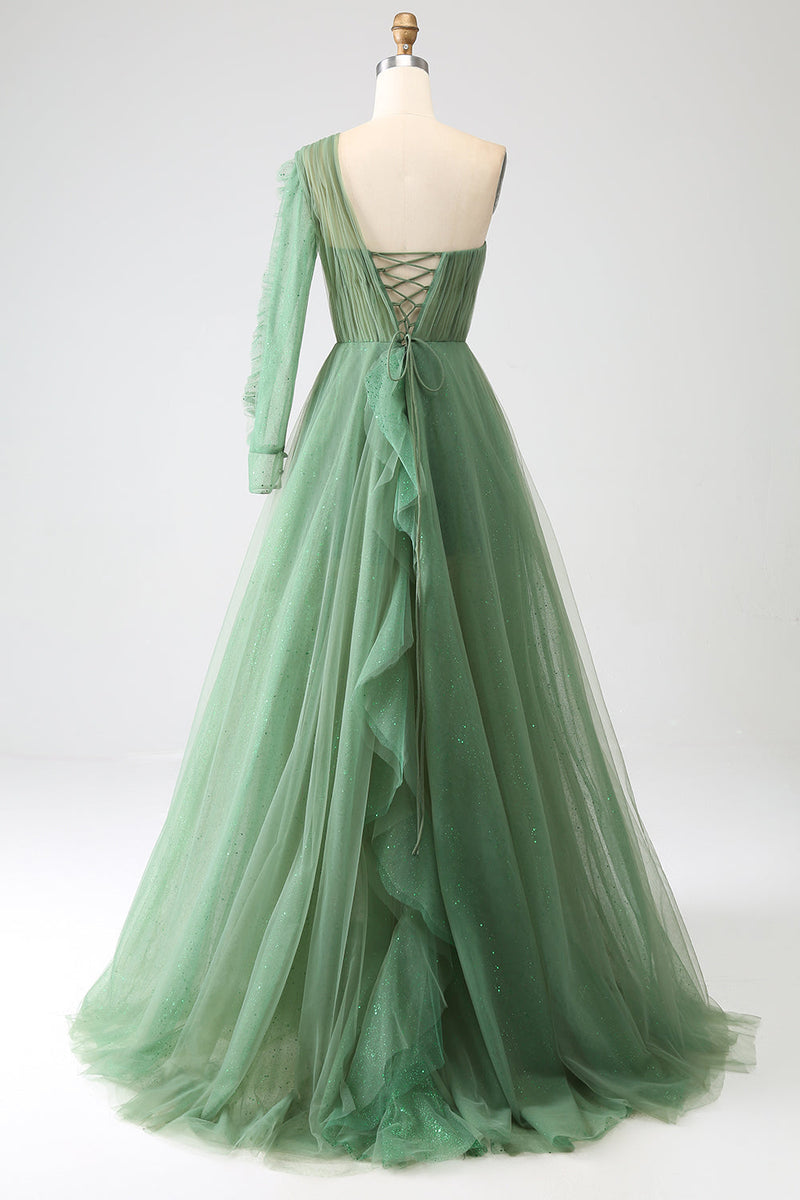 Load image into Gallery viewer, Dark Green A-Line One-Shoulder Long Prom Dresses With Long Sleeves