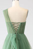 Load image into Gallery viewer, Dark Green Tulle A-Line One-Shoulder Long Prom Dresses