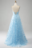 Sky Blue A Line Spaghetti Straps Sparkly Beaded Prom Dress with 3D Butterflies