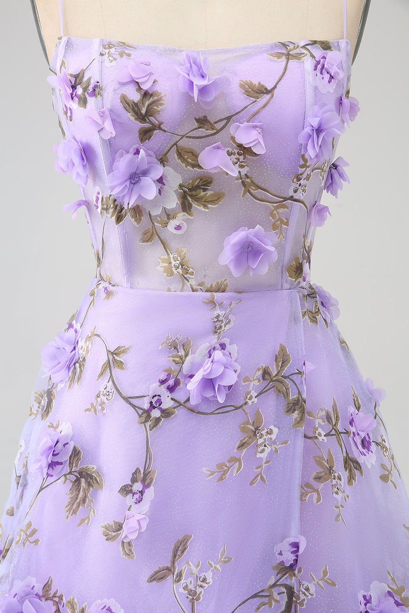 Load image into Gallery viewer, Lilac A-Line Spaghetti Straps Long Prom Dress with 3D Flowers