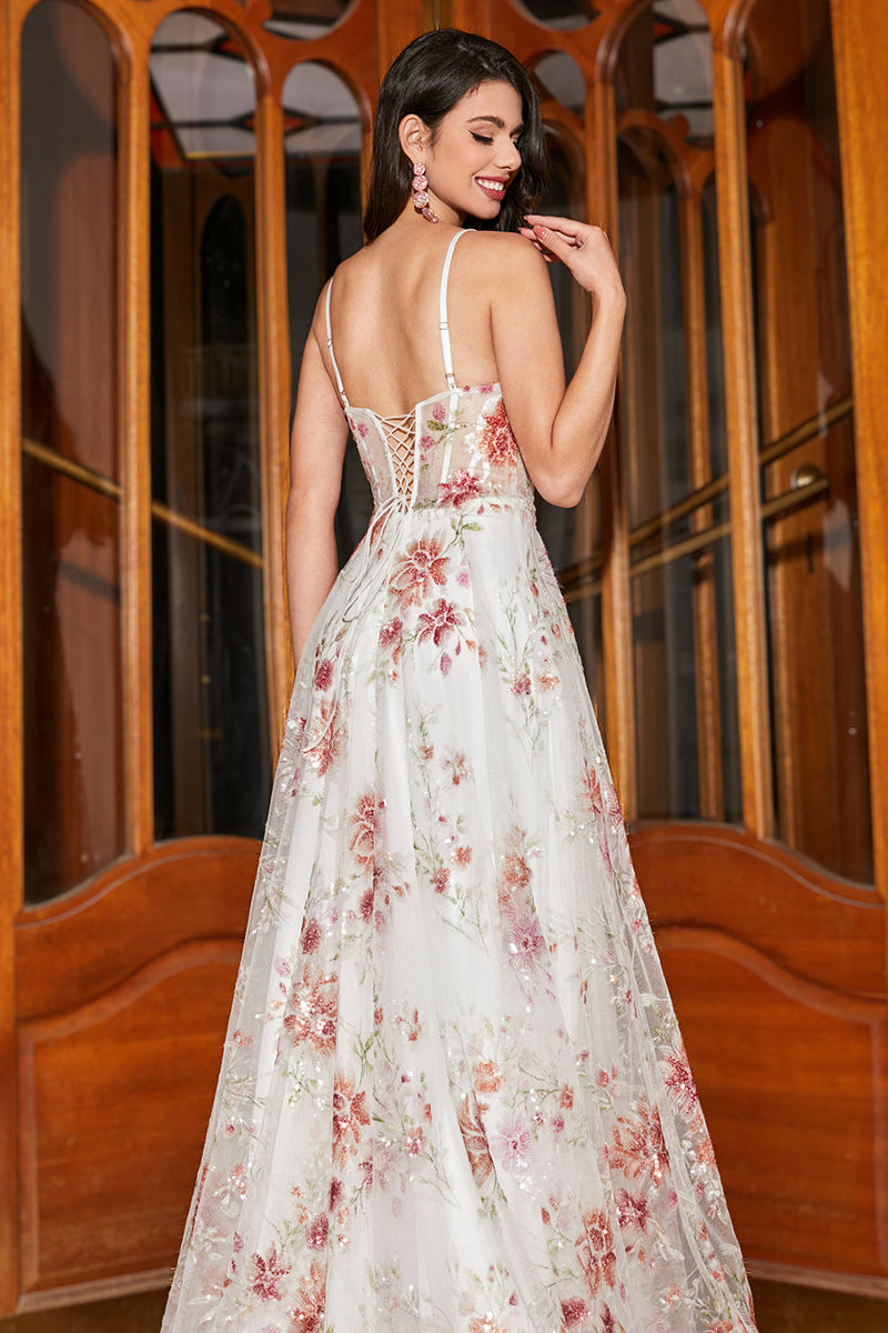 Load image into Gallery viewer, Ivory Flower Embroidered Long Corset Prom Dress with Slit