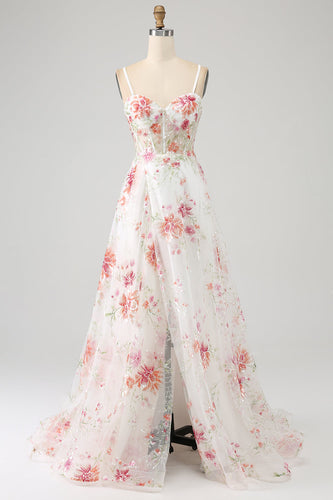 Ivory Flower Embroidered Long Corset Prom Dress with Slit