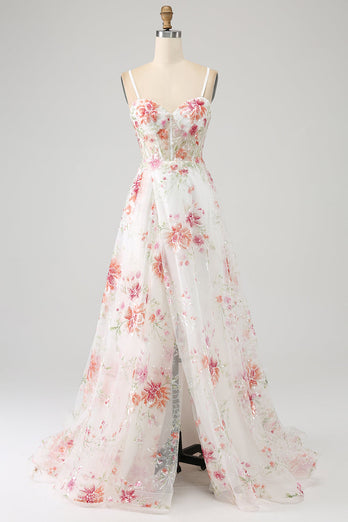 Embroidered Ivory Flower Long Corset Prom Dress with Slit