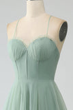 Matcha A-Line Spaghetti Straps Tea-Length Corset Tulle Bridesmaid Dress