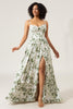Load image into Gallery viewer, Green A-Line Spaghetti Straps Printed Pleated Long Prom Dress With Slit