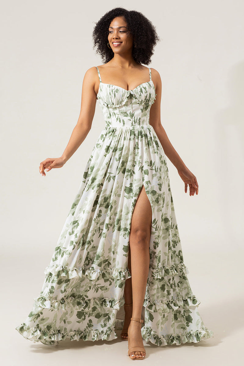 Load image into Gallery viewer, Green A-Line Spaghetti Straps Printed Pleated Long Prom Dress With Slit