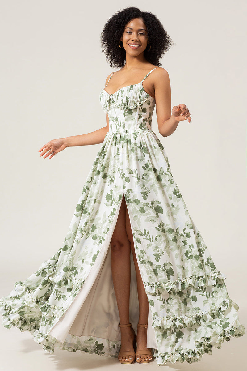 Load image into Gallery viewer, A-Line Spaghetti Straps Green Printed Long Prom Dress With Slit