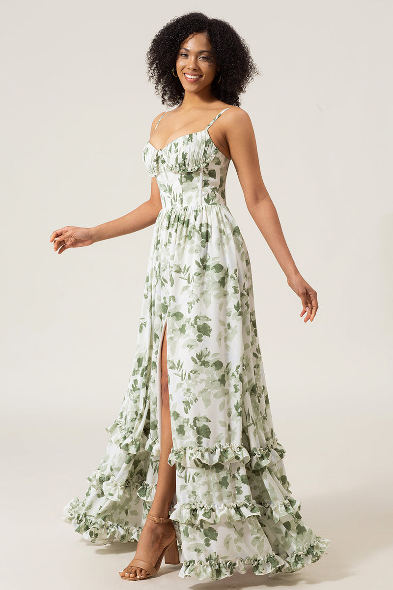 Load image into Gallery viewer, A-Line Spaghetti Straps Green Printed Long Prom Dress With Slit
