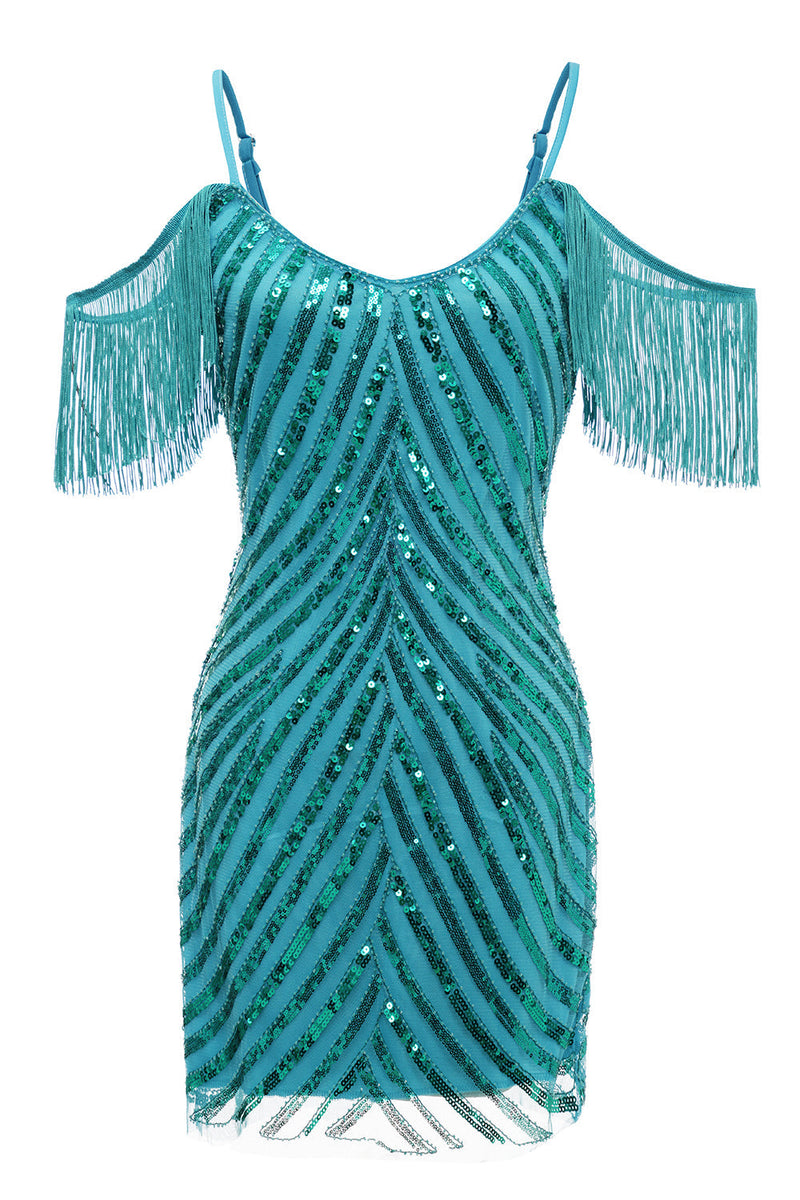 Load image into Gallery viewer, Sparkly Turquoise Tight Sequins Short Graduation Dress with Fringes