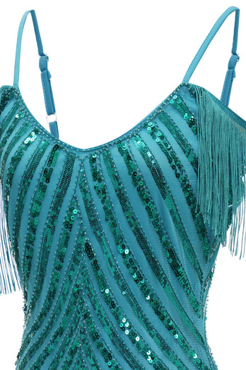 Sparkly Turquoise Tight Sequins Short Graduation Dress with Fringes