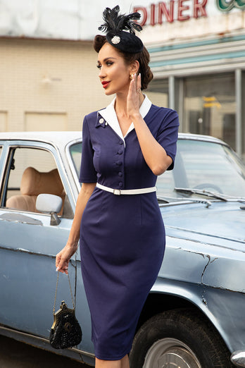 Navy Bodycon 1960s Dress with Short Sleeves