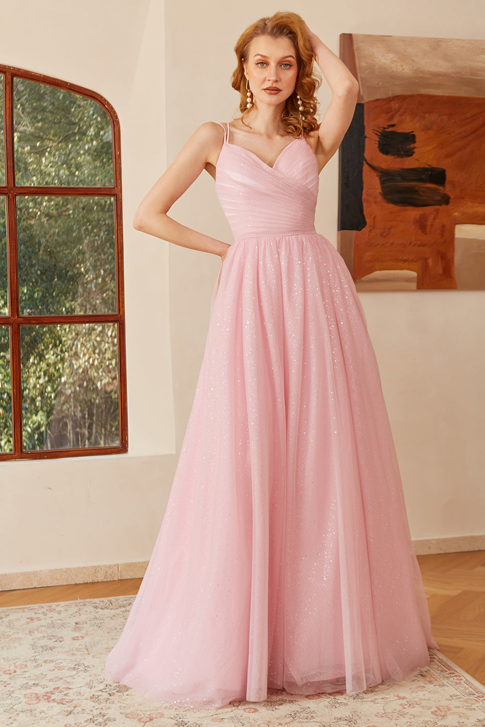 Glitter Pink Lace-Up Ruched Long Prom Dress