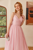 Glitter Pink Lace-Up Ruched Long Prom Dress