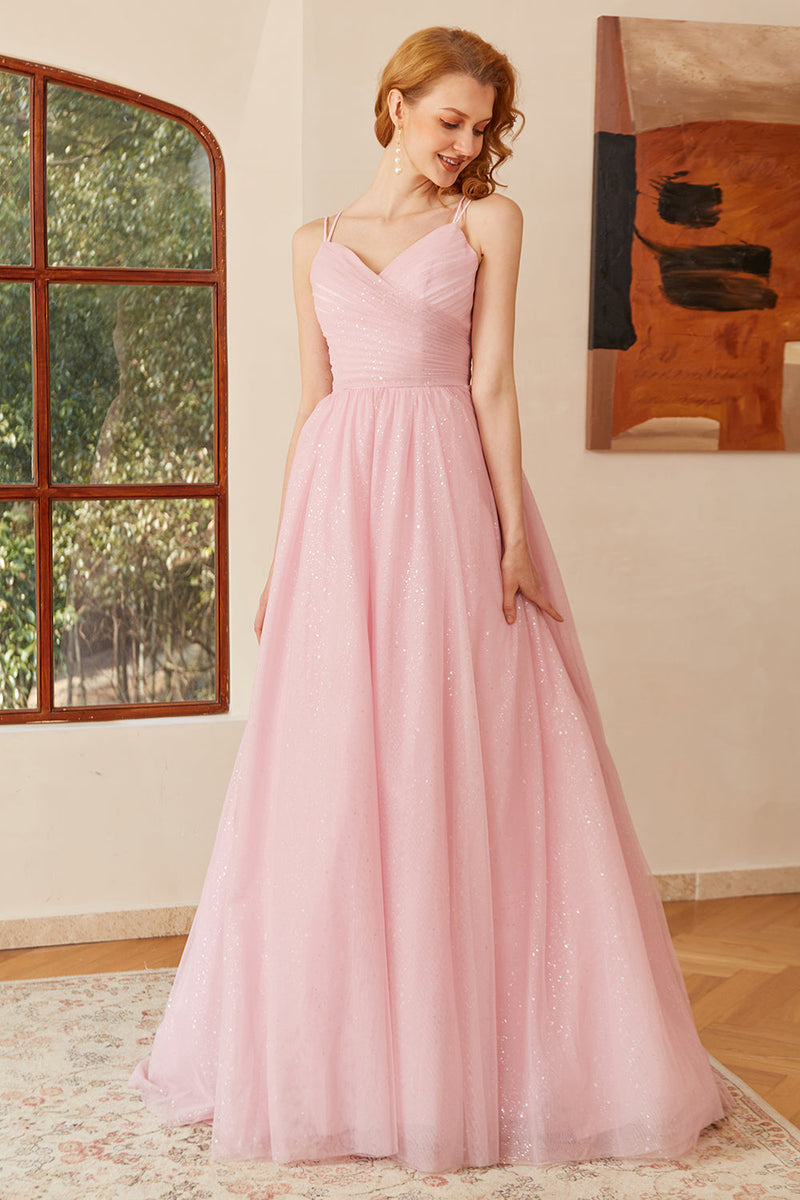Load image into Gallery viewer, Glitter Pink Lace-Up Ruched Long Prom Dress