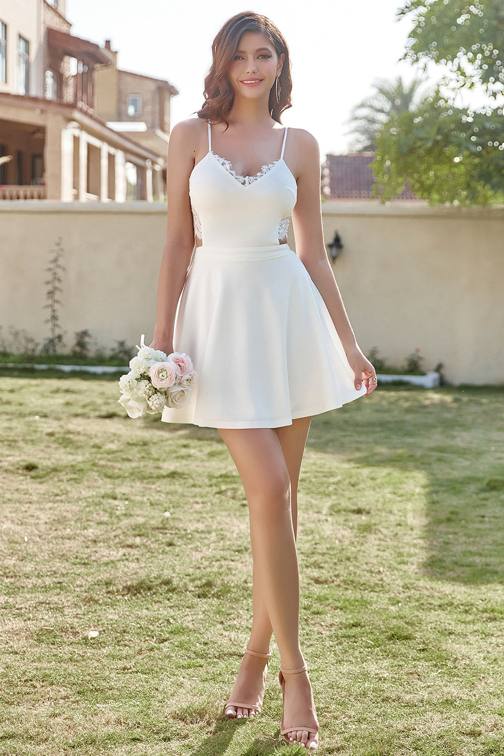 A Line Spaghetti Straps White Short Party Dress with Keyhole