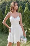 A Line Spaghetti Straps White Short Party Dress with Keyhole