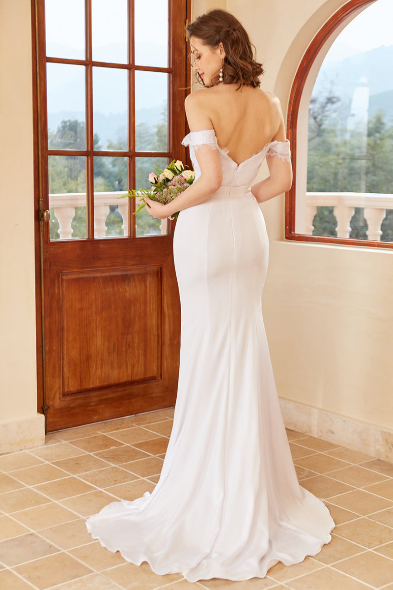 Load image into Gallery viewer, Mermaid Off the Shoulder White Wedding Dress with Lace