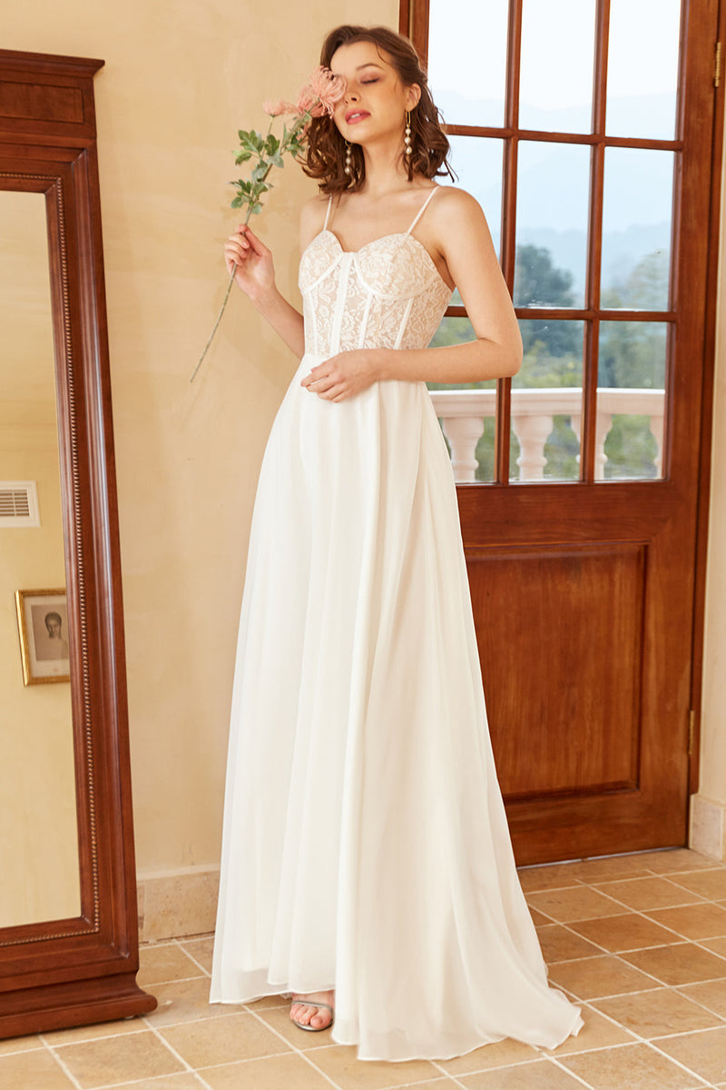 Load image into Gallery viewer, Beautiful A Line Spaghetti Straps White Wedding Dress with Appliques