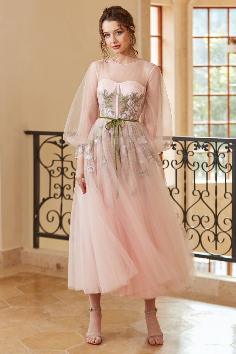 Load image into Gallery viewer, A Line Jewel Light Nude Tea Length Prom Dress with Long Sleeves