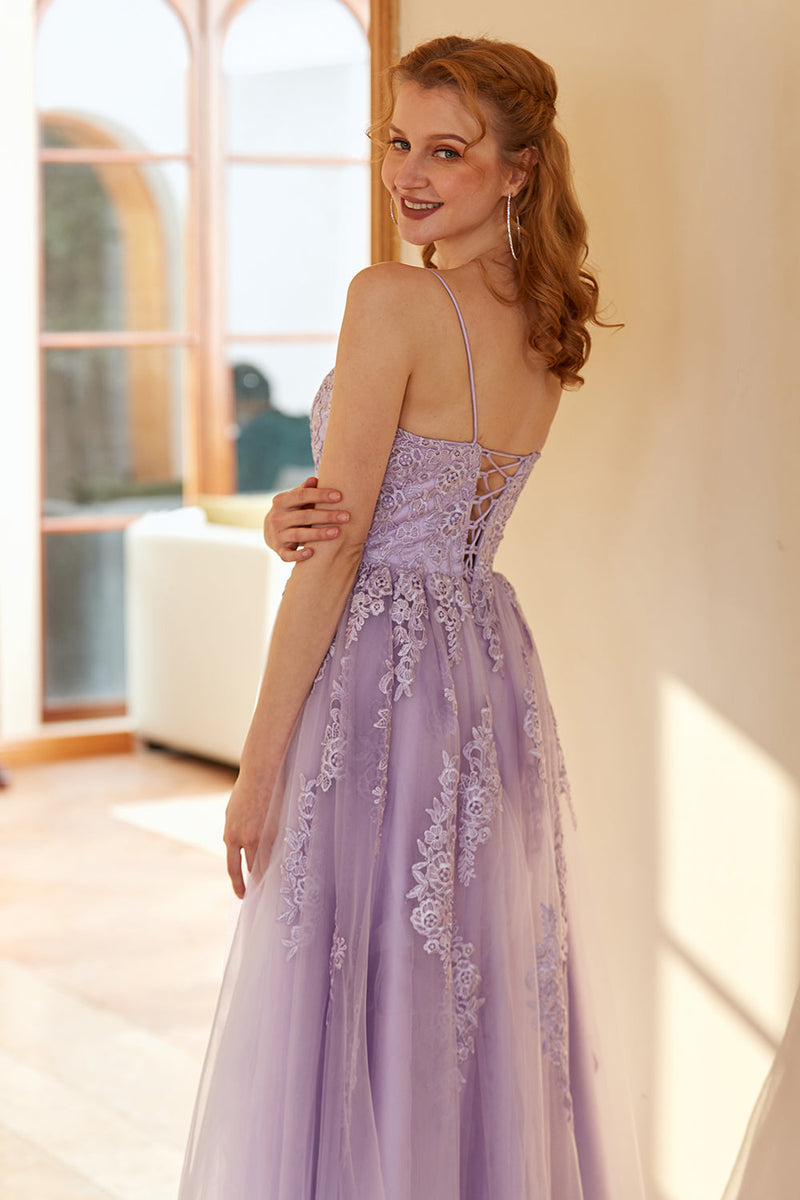 Load image into Gallery viewer, Charming A Line Spaghetti Straps Light Purple Long Prom Dress with Appliques