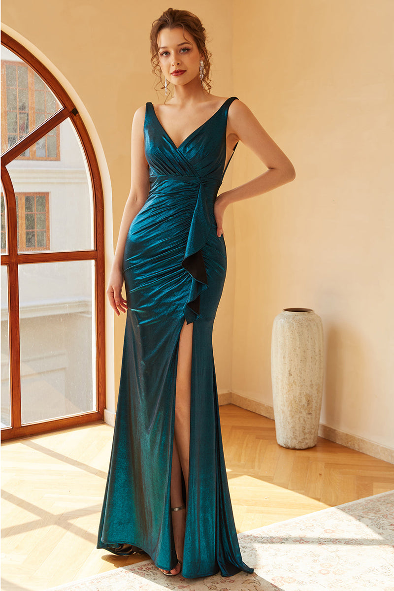 Load image into Gallery viewer, Peacock Blue Ruched Long Prom Dress