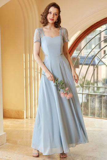 Long Chiffon Blue Wedding Guest Dress with Lace