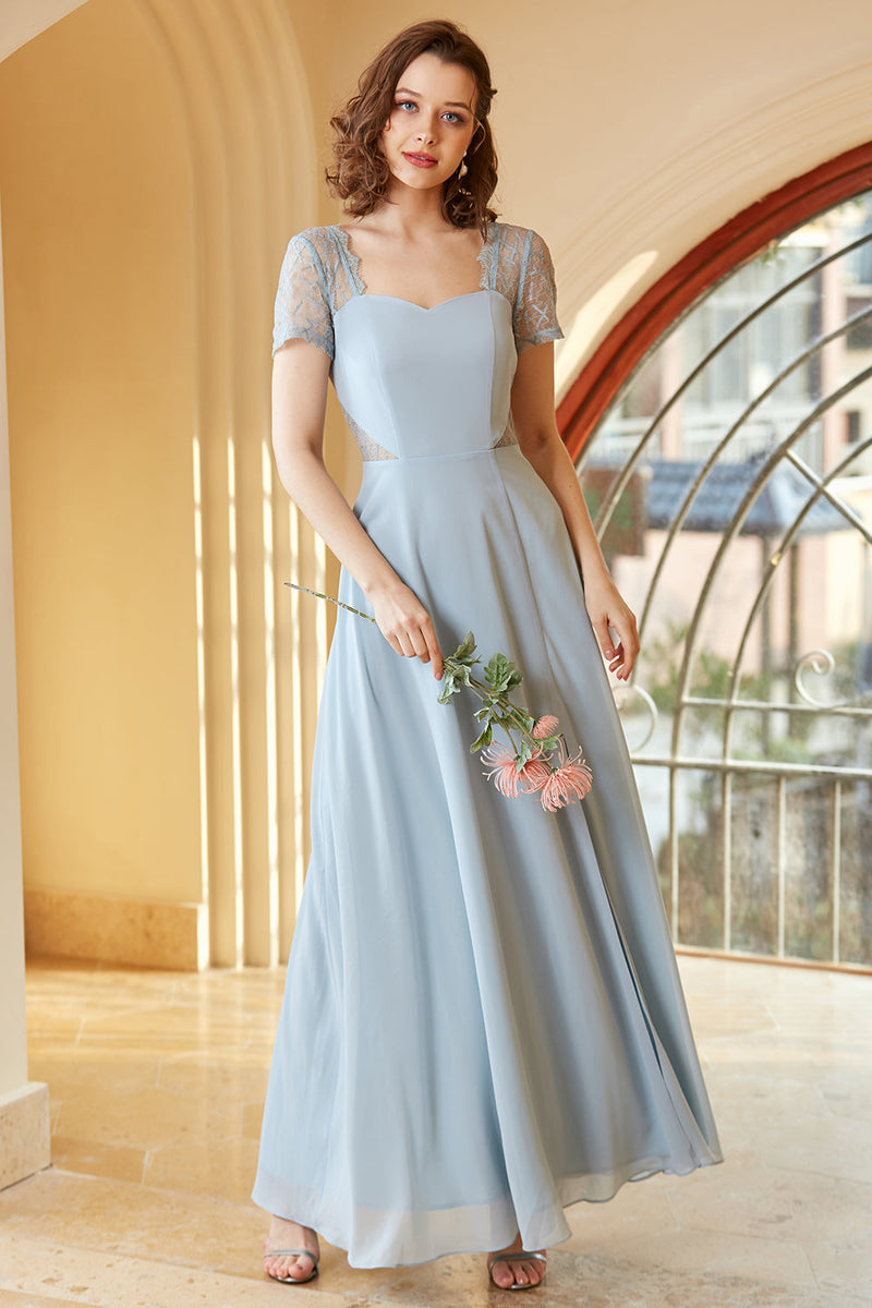 Load image into Gallery viewer, Long Chiffon Blue Wedding Guest Dress with Lace
