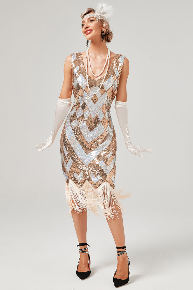 Load image into Gallery viewer, Golden Sequins 1920s Dress with Fringe
